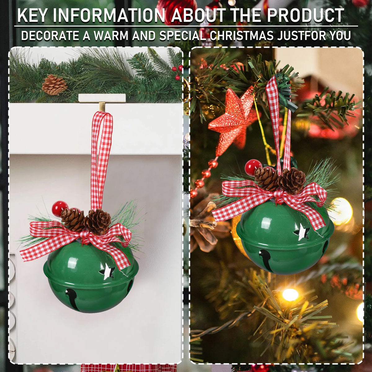Green Christmas bell ornament hanging from a mantel hook and on a Christmas tree branch