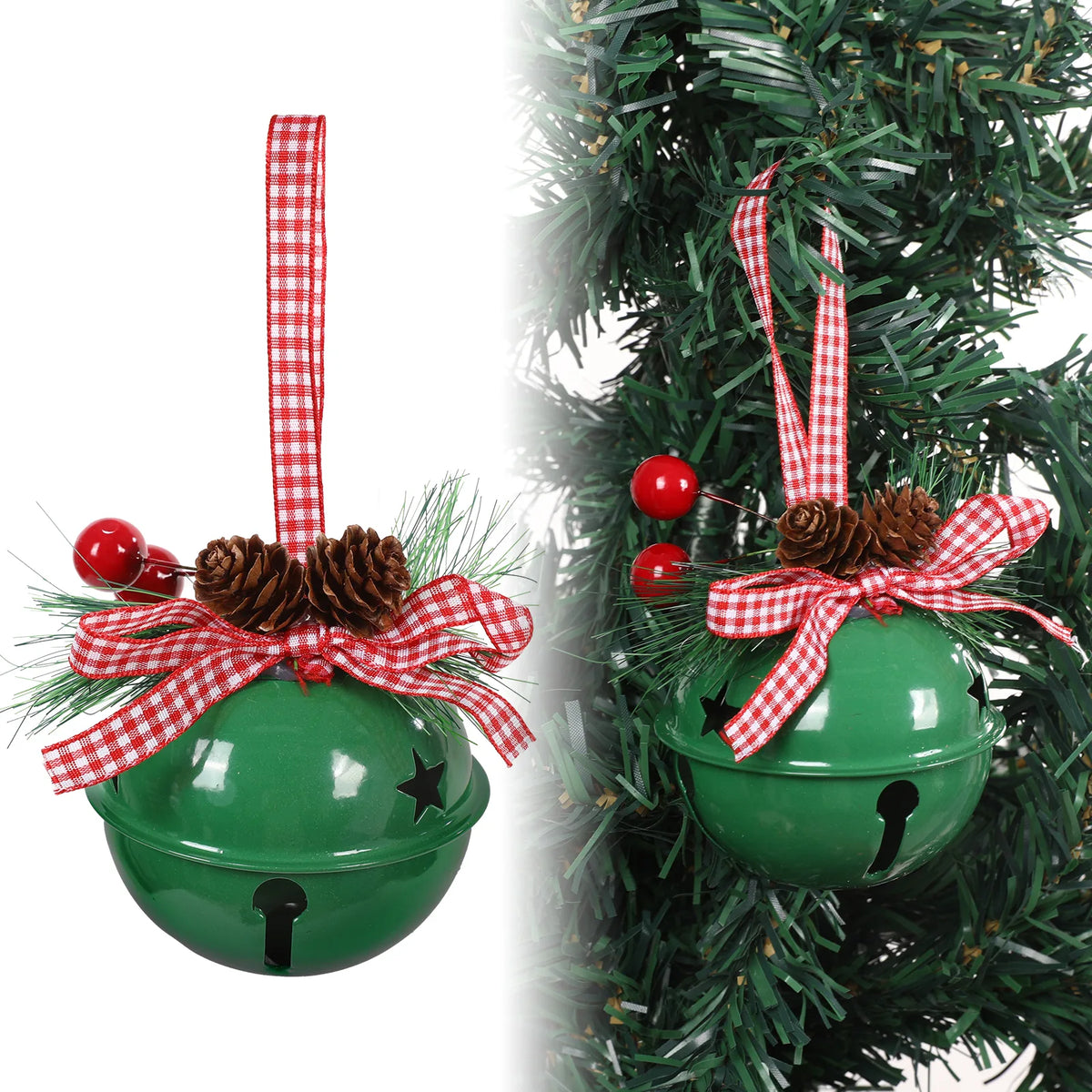 Green metal Christmas jingle bell ornament with star cutout, gingham ribbon bow, pine cones and red berries