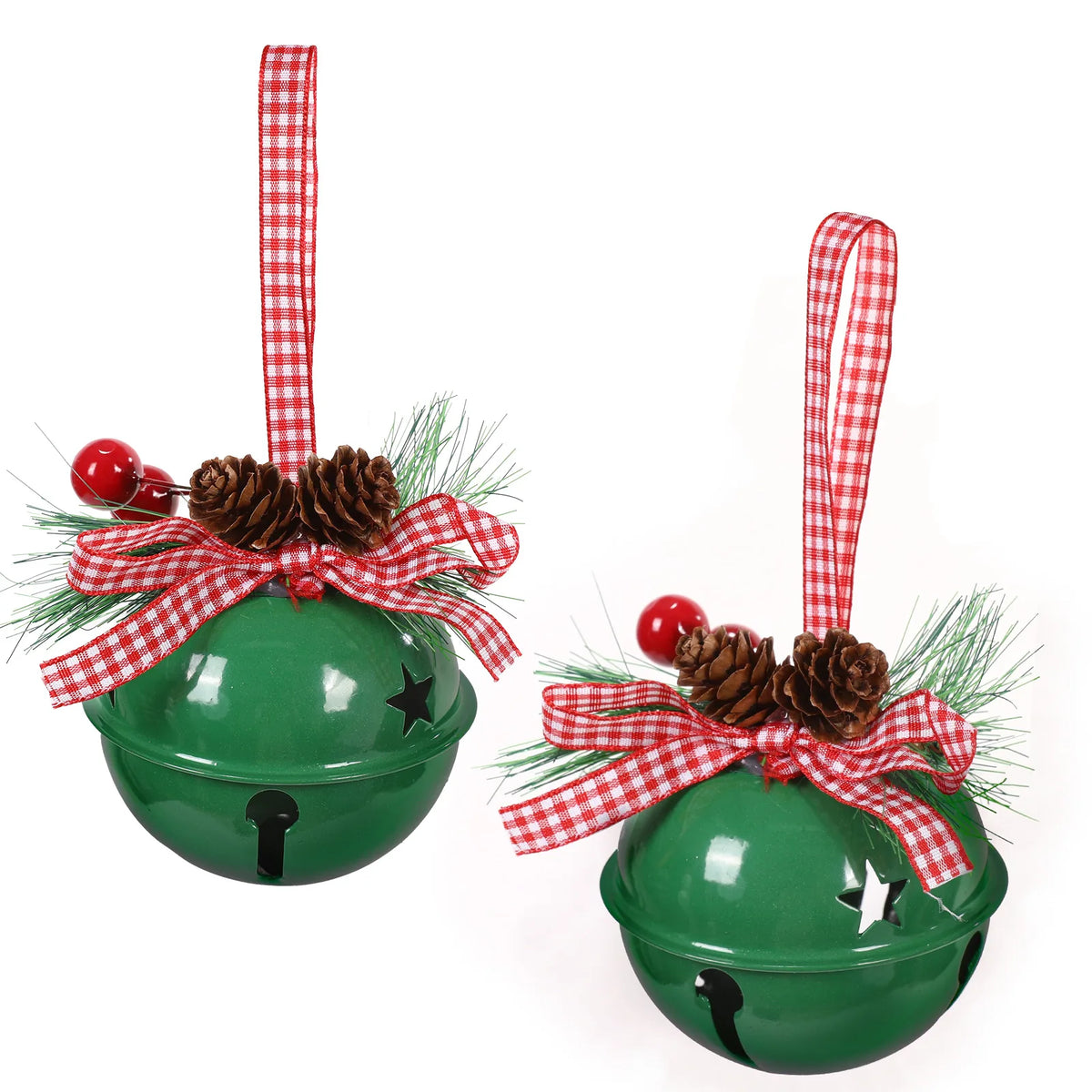 Two Green Christmas jingle bell ornaments with gingham ribbon loops and pine cone decorations