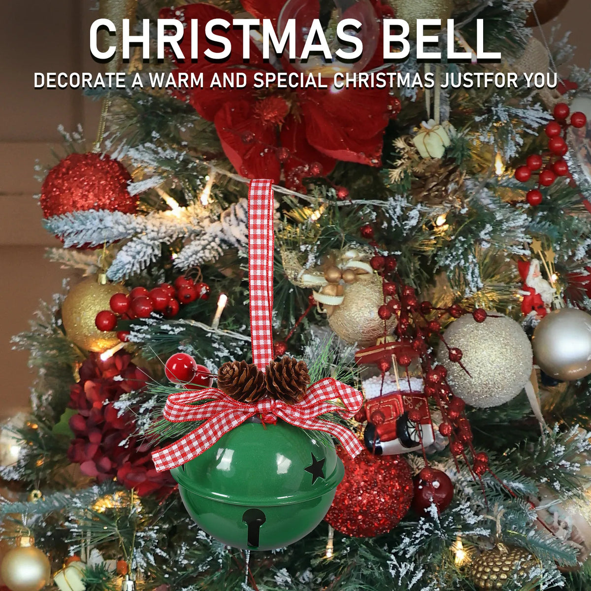 Green Christmas jingle bell ornament hanging among ornaments on a decorated Christmas tree