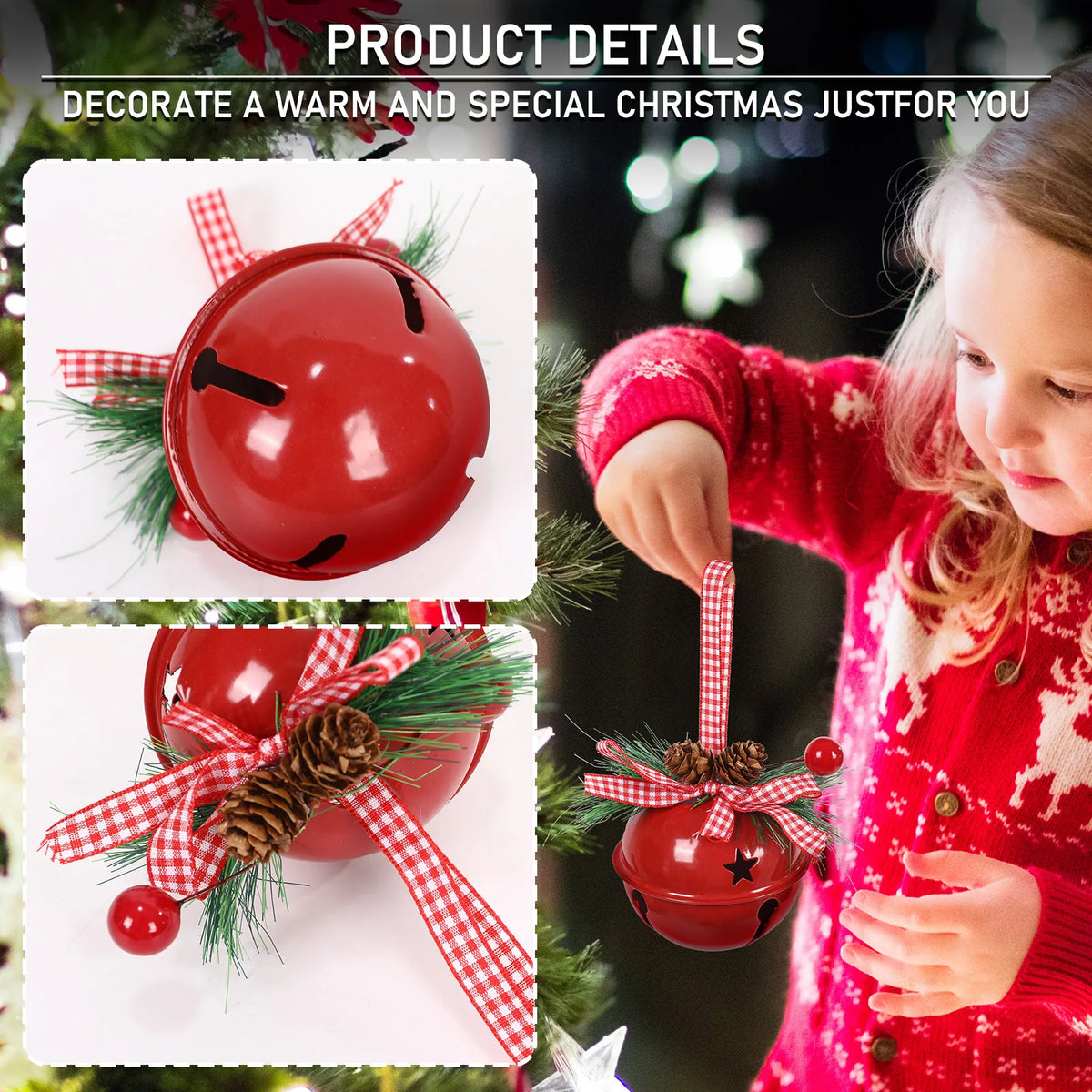 Product details of the Red jingle bell ornament with a child hanging it on a Christmas tree