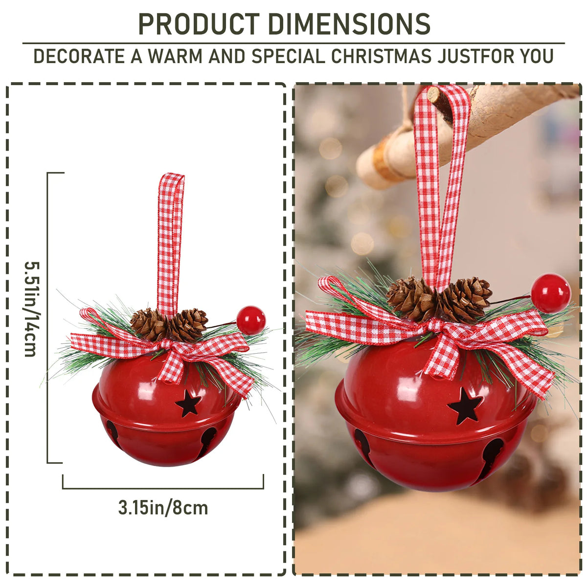 Product dimensions of the Red Christmas bell ornament, 5.51 inches tall and 3.15 inches wide