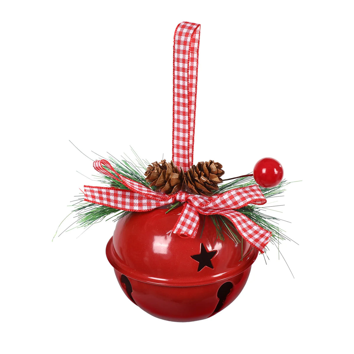 Front view of the Red Christmas jingle bell ornament hanging from a red gingham ribbon loop
