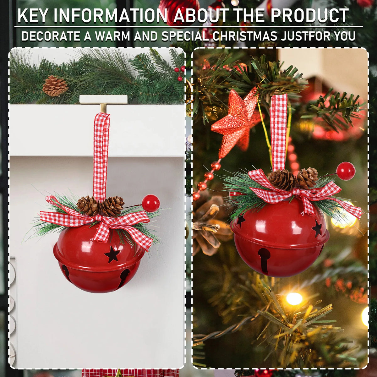 Red Christmas bell ornament hanging from a mantel hook and on a Christmas tree branch