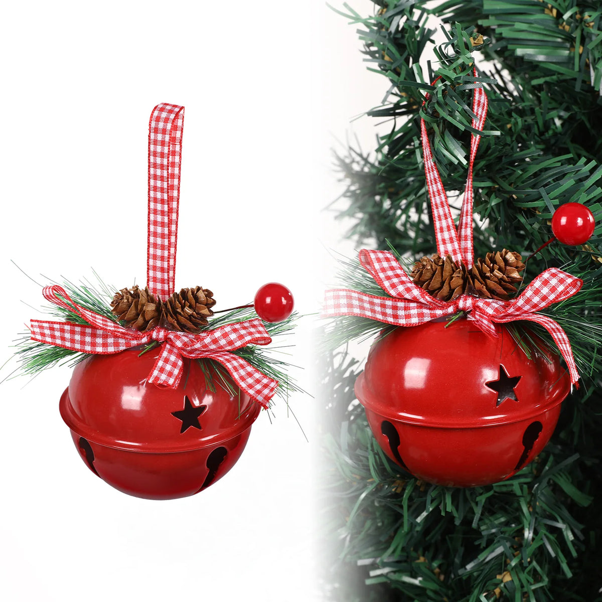 Red metal Christmas jingle bell ornament with star cutout, gingham ribbon bow, pine cones and red berries