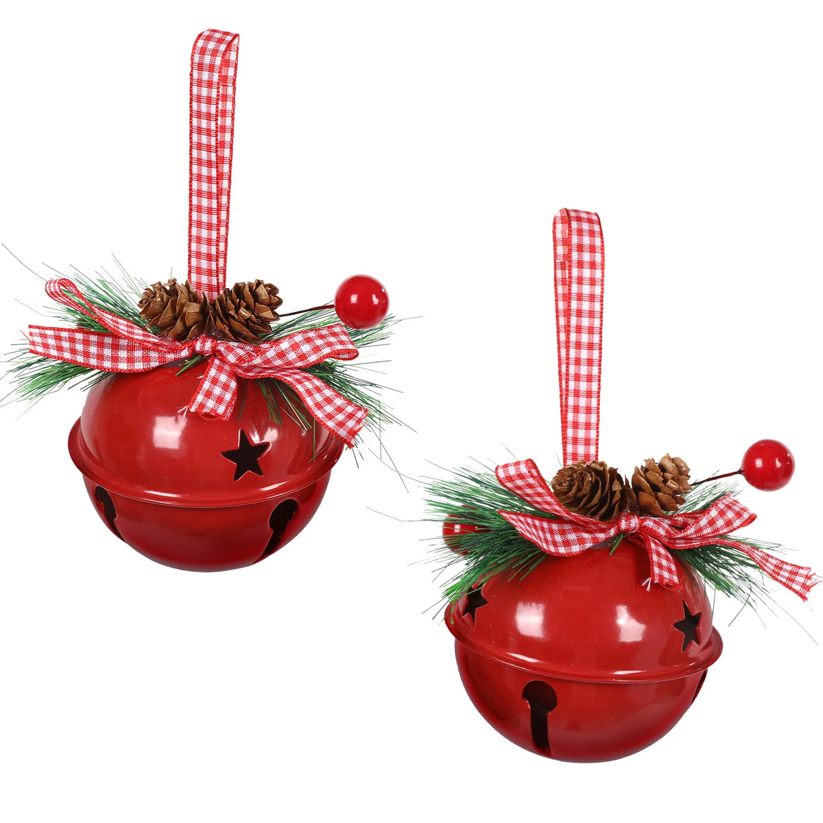 Two Red Christmas jingle bell ornaments with gingham ribbon loops and pine cone decorations