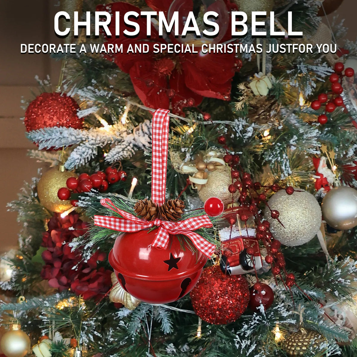 Red Christmas jingle bell ornament hanging among ornaments on a decorated Christmas tree