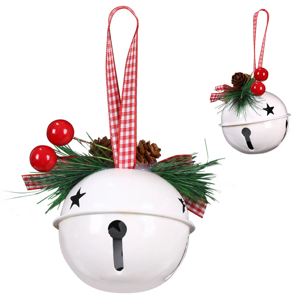 Close-up of the White metal jingle bell showing the star cutout, pine needles and berry pick