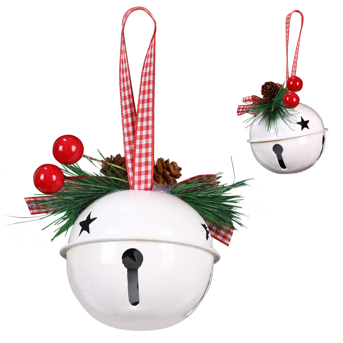 Close-up of the White metal jingle bell showing the star cutout, pine needles and berry pick