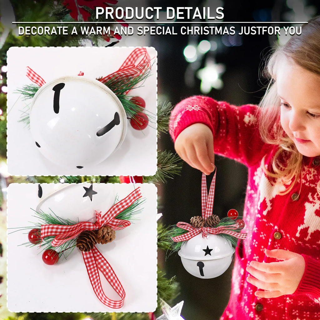 Product details of the White jingle bell ornament with a child hanging it on a Christmas tree