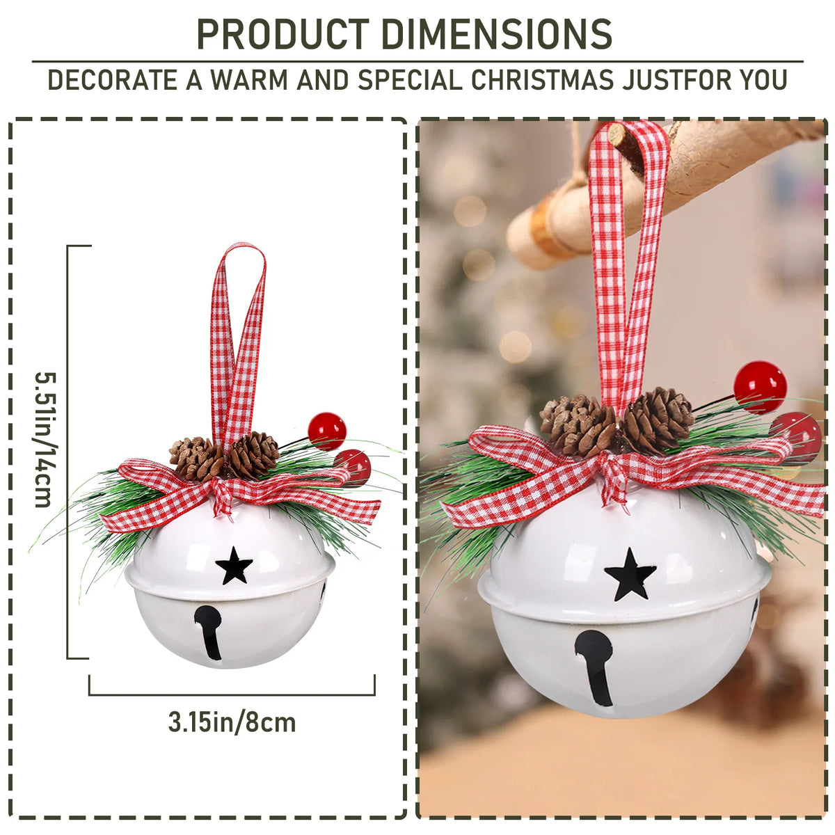Product dimensions of the White Christmas bell ornament, 5.51 inches tall and 3.15 inches wide
