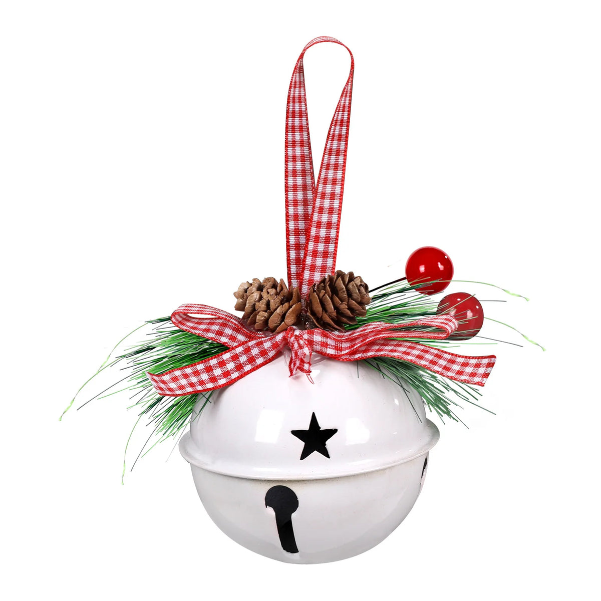 Front view of the White Christmas jingle bell ornament hanging from a red gingham ribbon loop