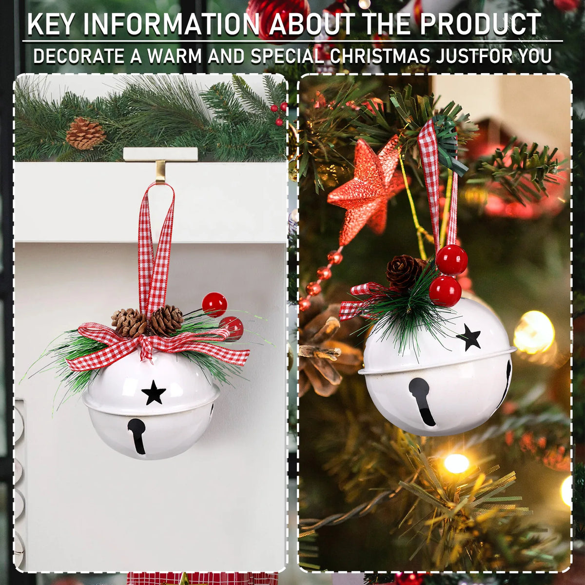White Christmas bell ornament hanging from a mantel hook and on a Christmas tree branch