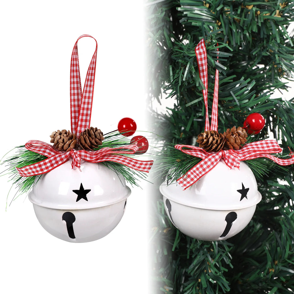 White metal Christmas jingle bell ornament with star cutout, gingham ribbon bow, pine cones and red berries