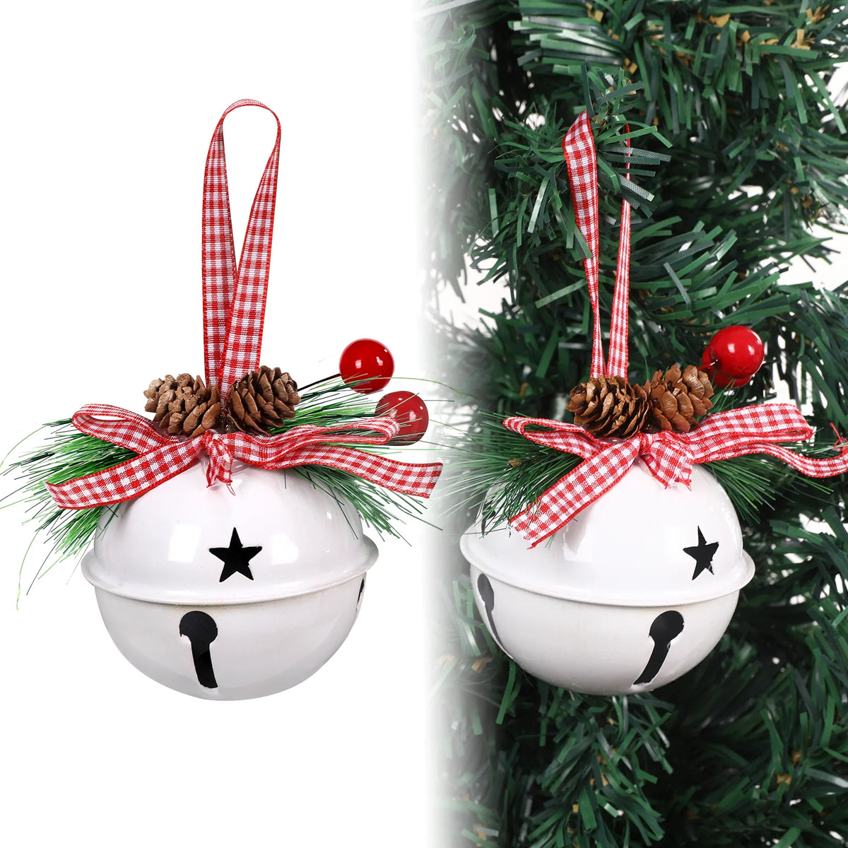 White metal Christmas jingle bell ornament with star cutout, gingham ribbon bow, pine cones and red berries