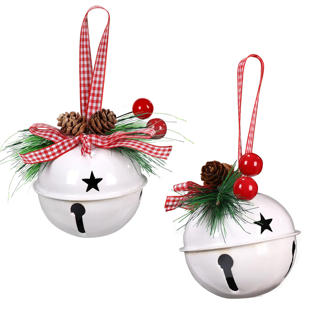 Two White Christmas jingle bell ornaments with gingham ribbon loops and pine cone decorations