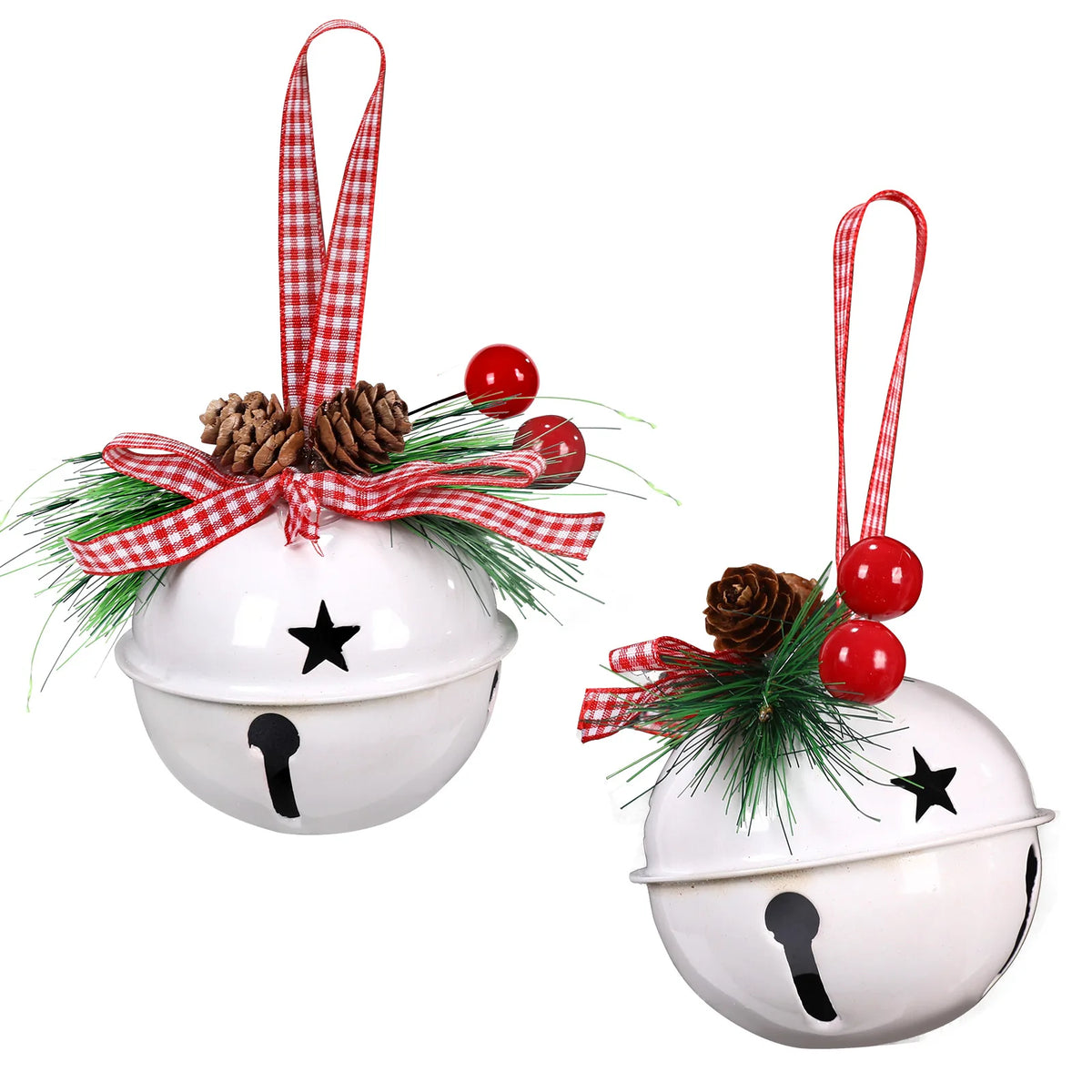 Two White Christmas jingle bell ornaments with gingham ribbon loops and pine cone decorations