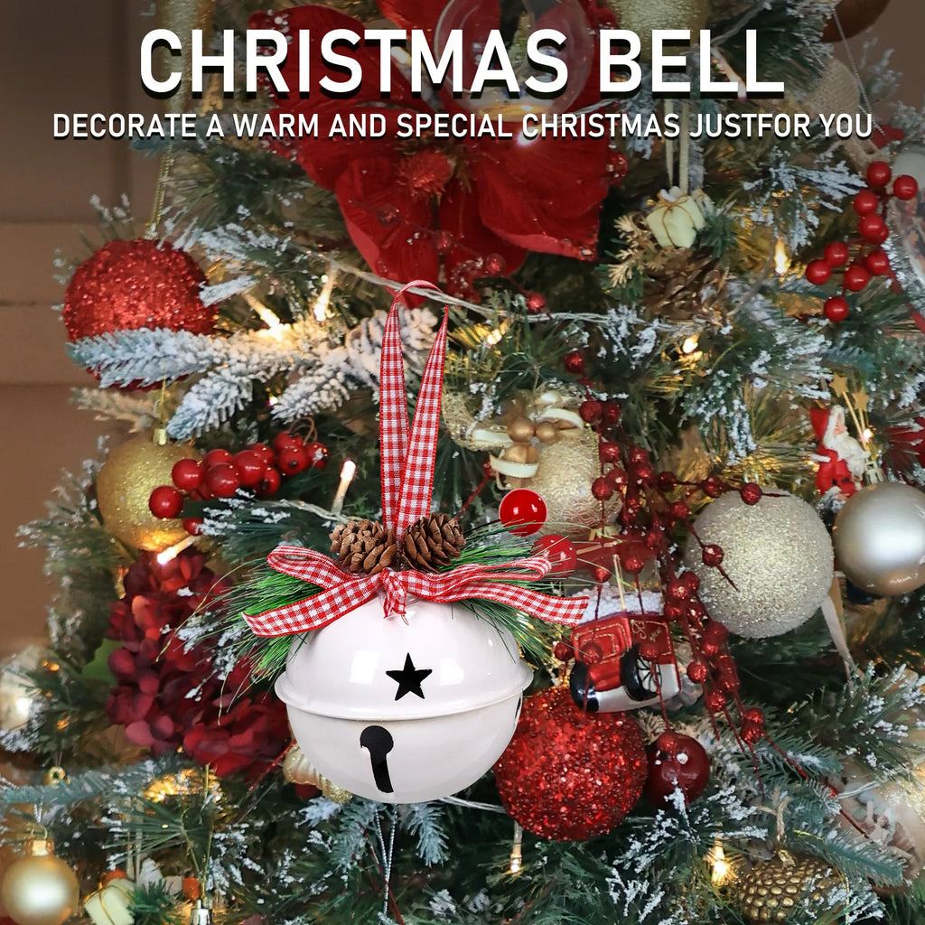 White Christmas jingle bell ornament hanging among ornaments on a decorated Christmas tree