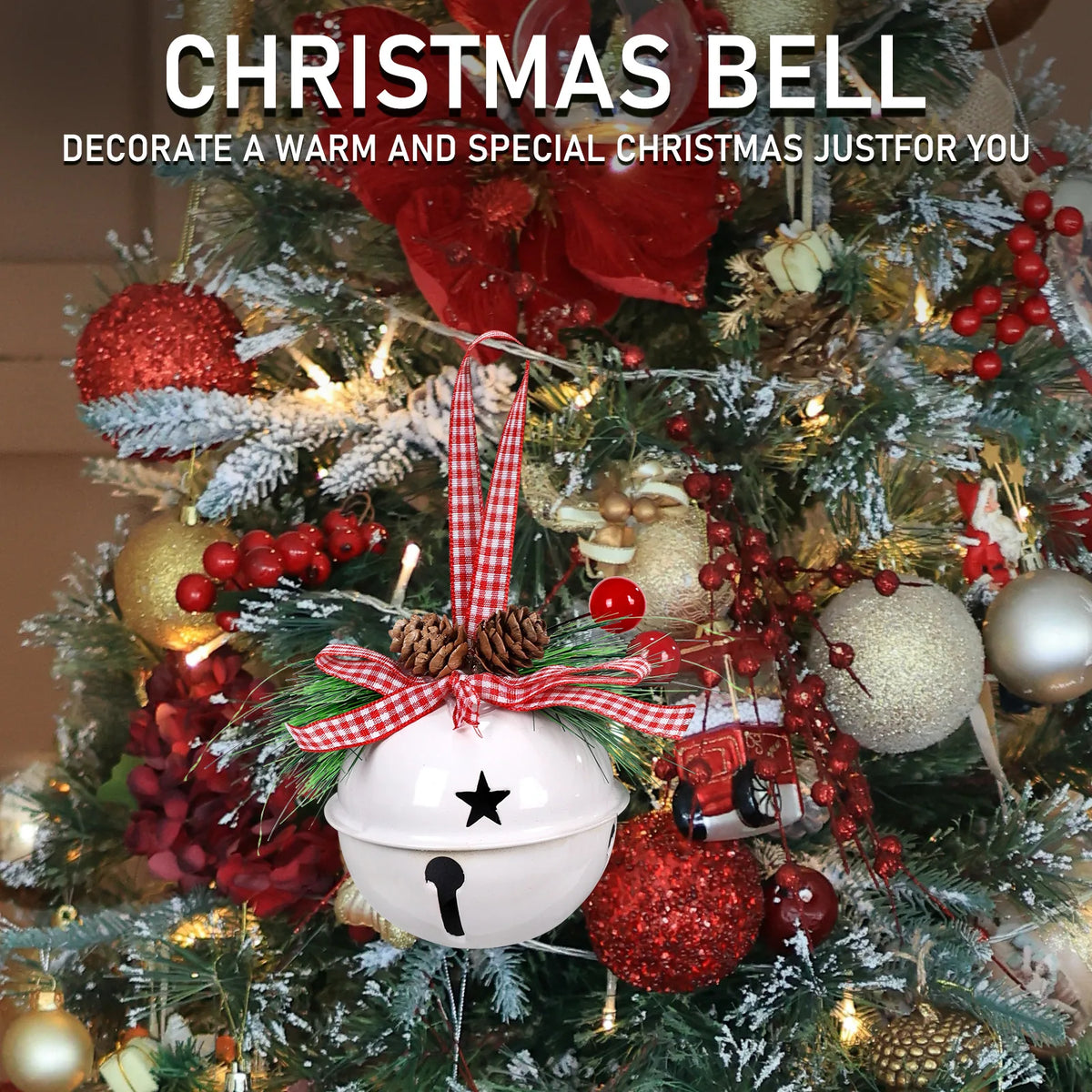 White Christmas jingle bell ornament hanging among ornaments on a decorated Christmas tree