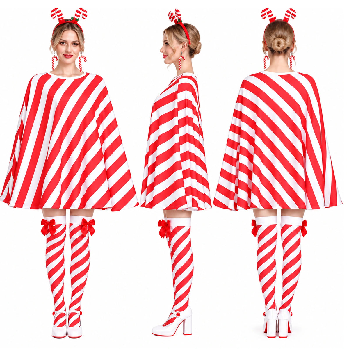 Front, side and back views of the red and white Christmas poncho with its wide curved hem.