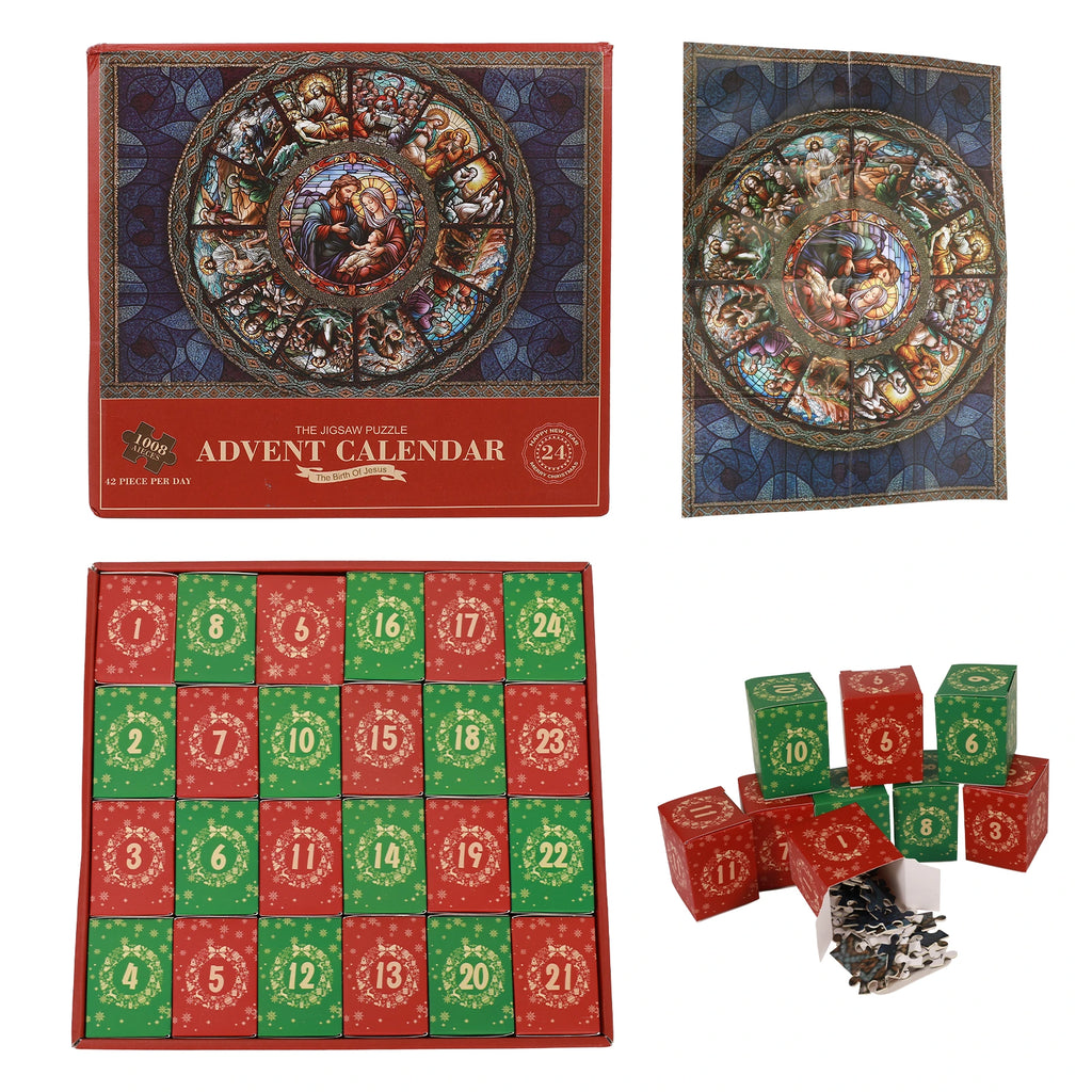 Christmas puzzle advent calendar box with twenty-four red and green numbered boxes and Nativity artwork.