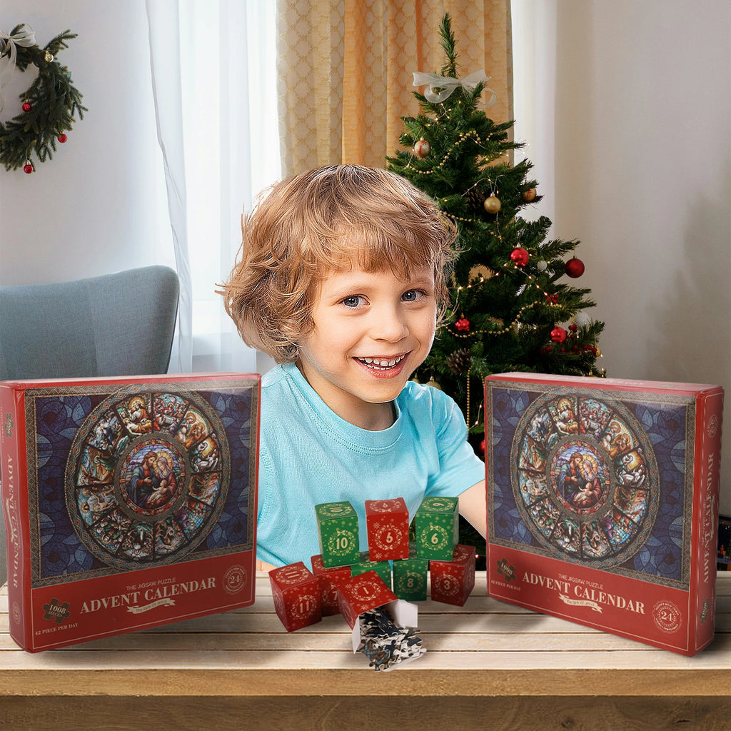Nativity puzzle advent calendar arranged on a table among Christmas decorations used as scene props.