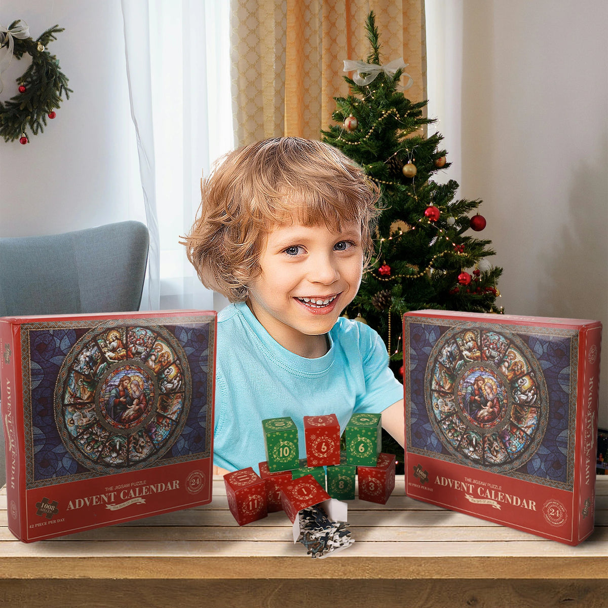 Nativity puzzle advent calendar arranged on a table among Christmas decorations used as scene props.