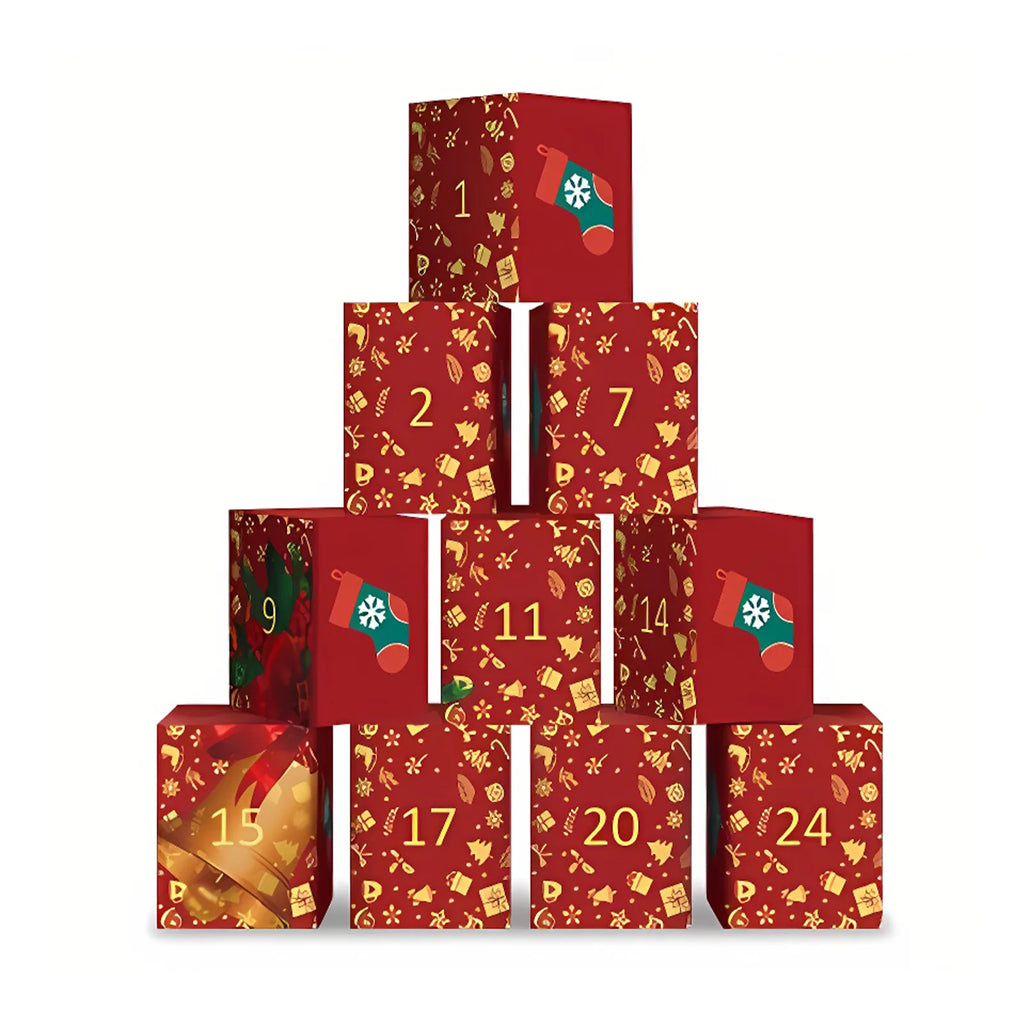 Red boxes numbered for the daily countdown in the Christmas puzzle calendar.