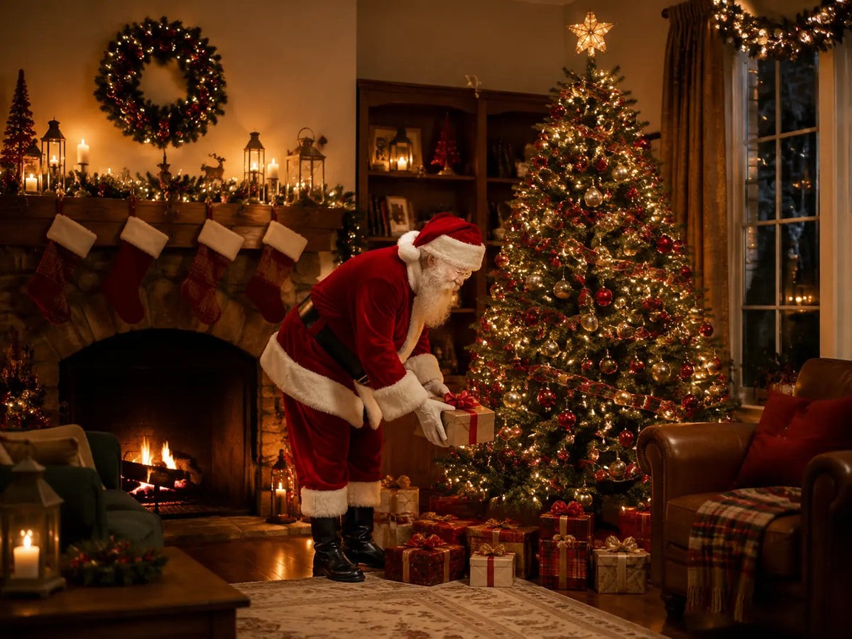Santa costume in a Christmas living room with a decorated tree, fireplace and gifts