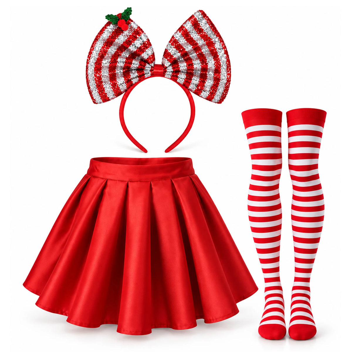 The separate red skirt, red-and-silver bow headband and pair of striped socks are arranged on a white background.