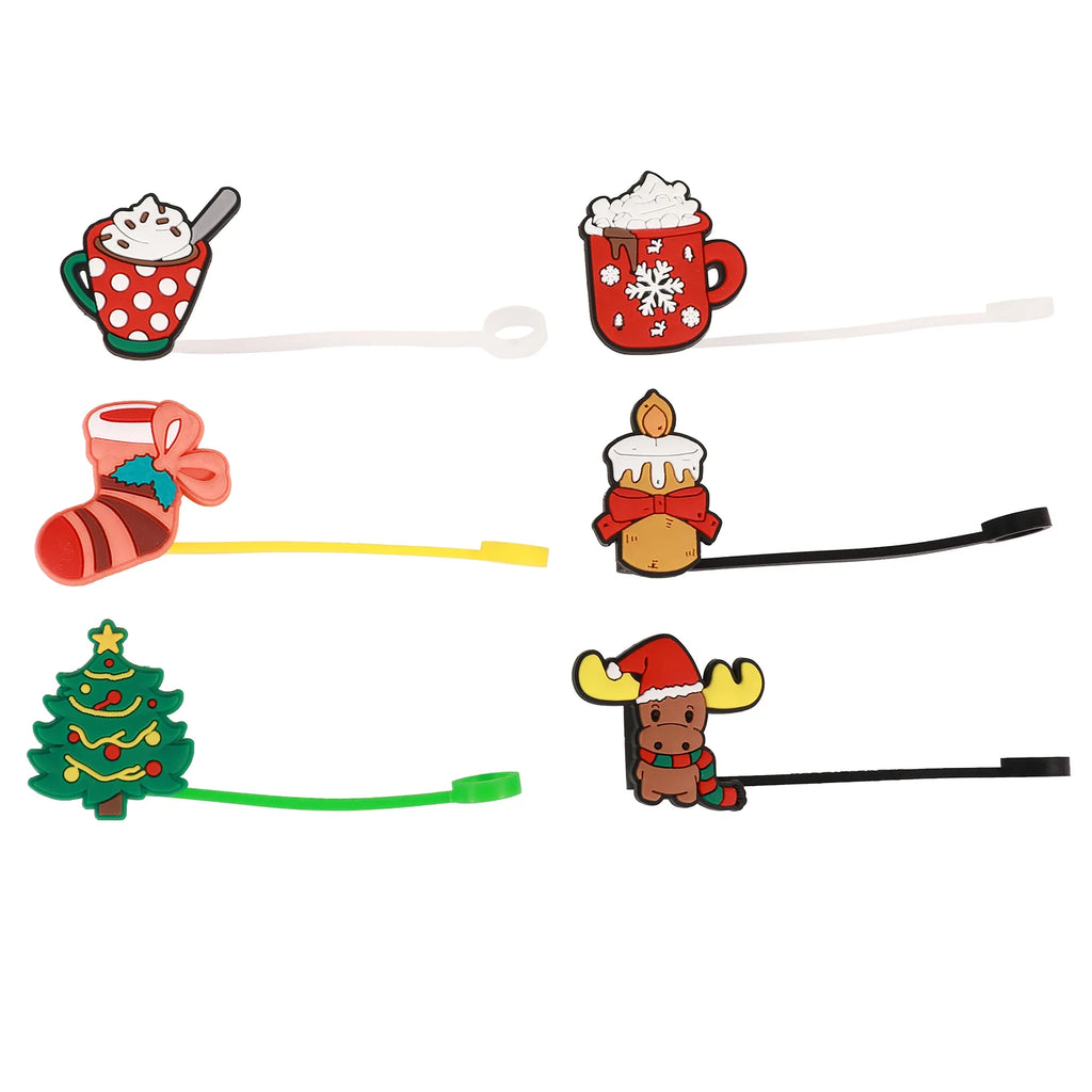 Christmas straw covers shaped as mugs, a stocking, candle, tree and reindeer with attached tethers and retaining rings.