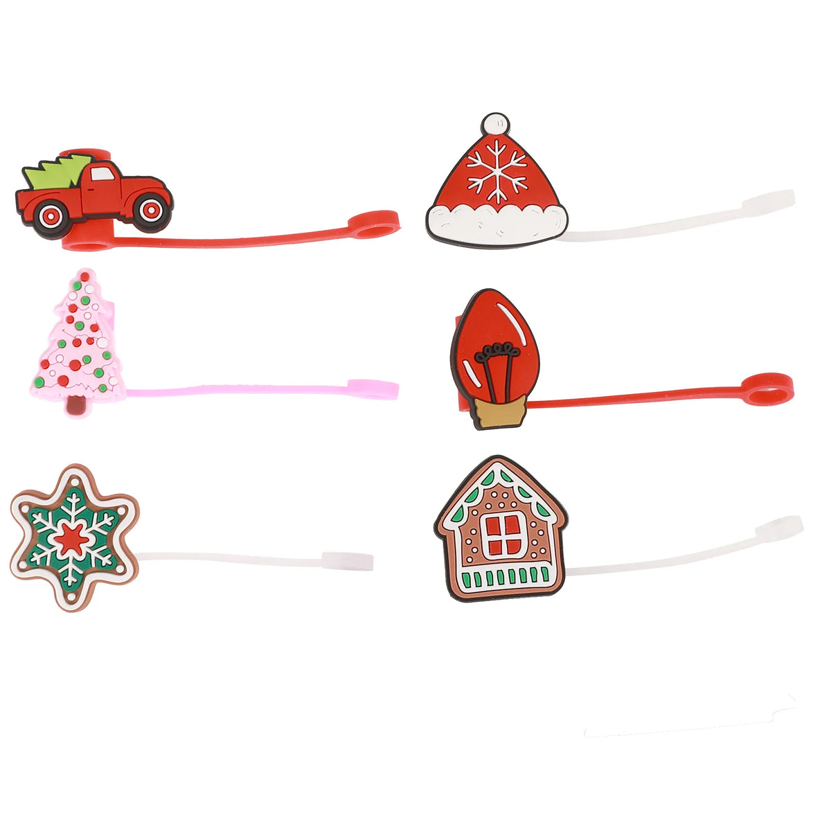 Christmas straw toppers shaped as a truck, hat, trees, light bulb, snowflake and gingerbread house with tethered rings.