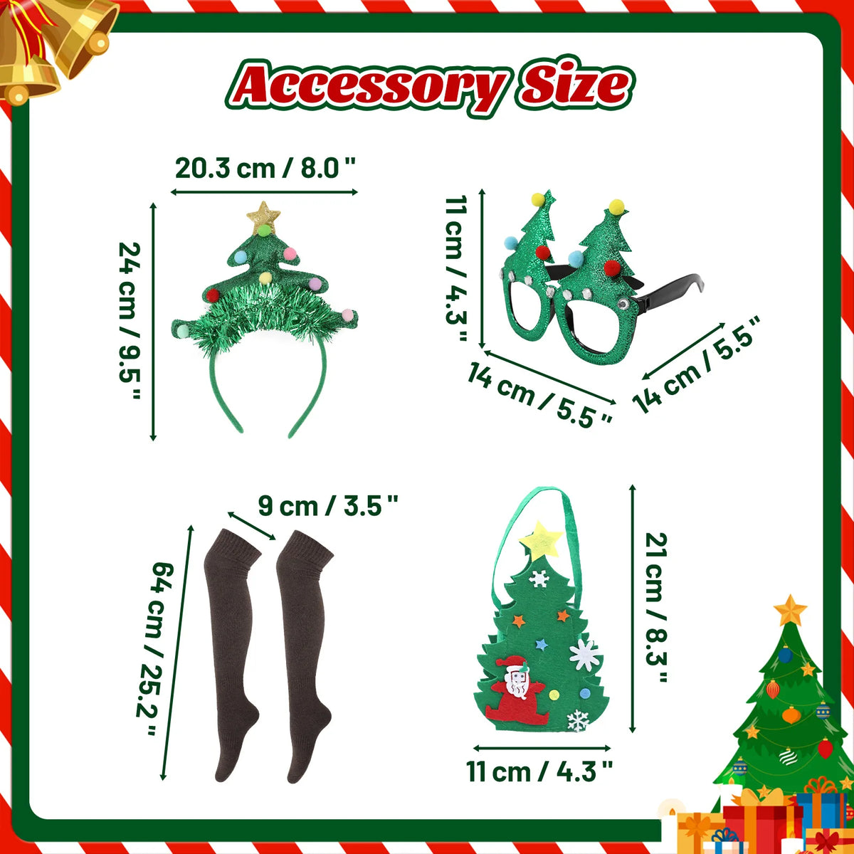 The accessory chart shows measurements for the tree headband, novelty glasses, bag, and pair of socks.