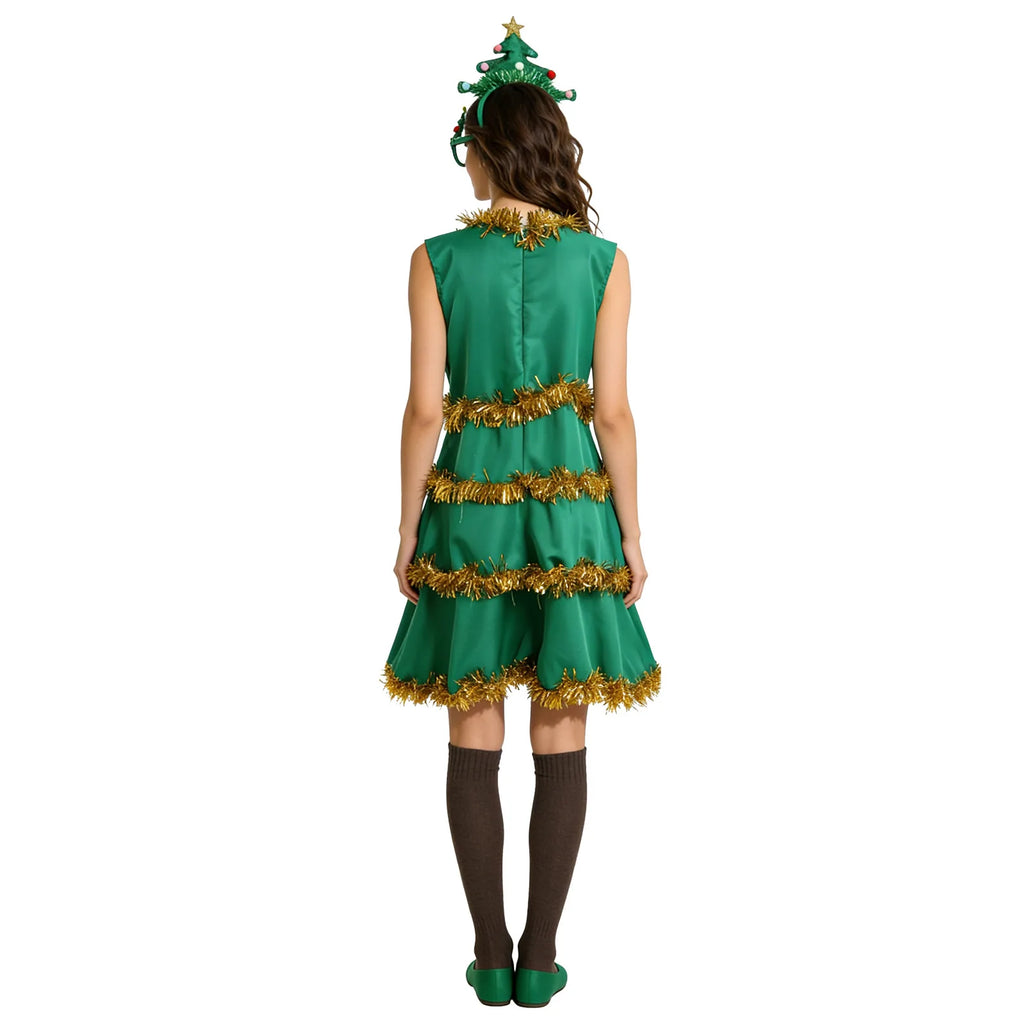 The back view shows the green dress zipper and gold tinsel trim around the flared skirt.