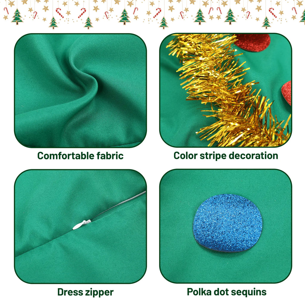 Four close views show the green fabric, gold tinsel, zipper, and colorful circular dress decorations.