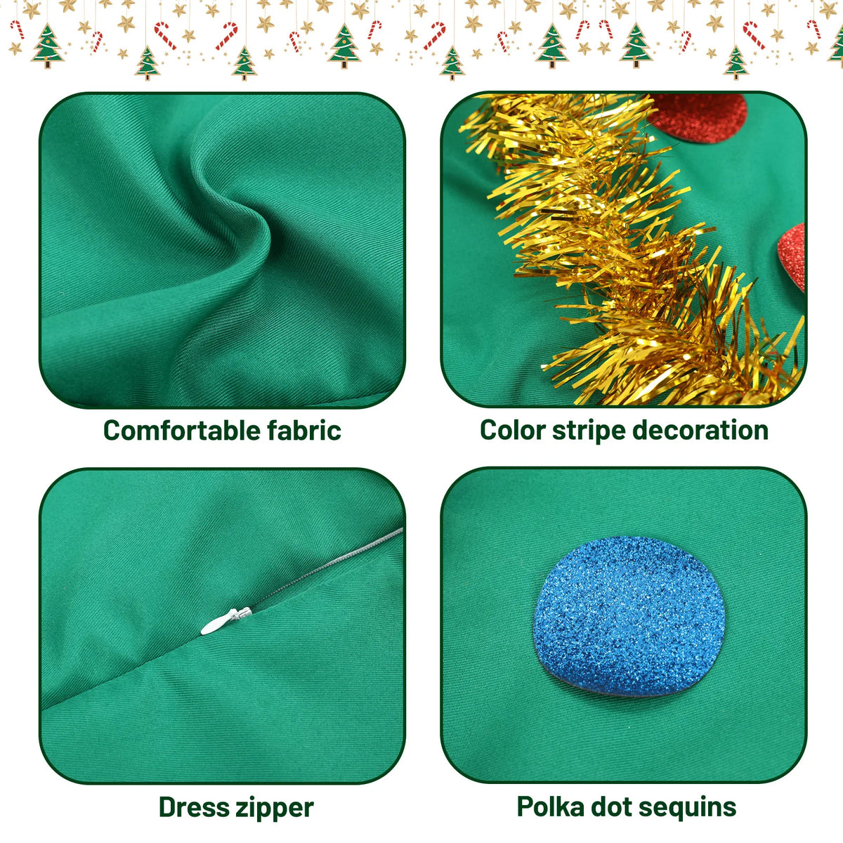 Four close views show the green fabric, gold tinsel, zipper, and colorful circular dress decorations.