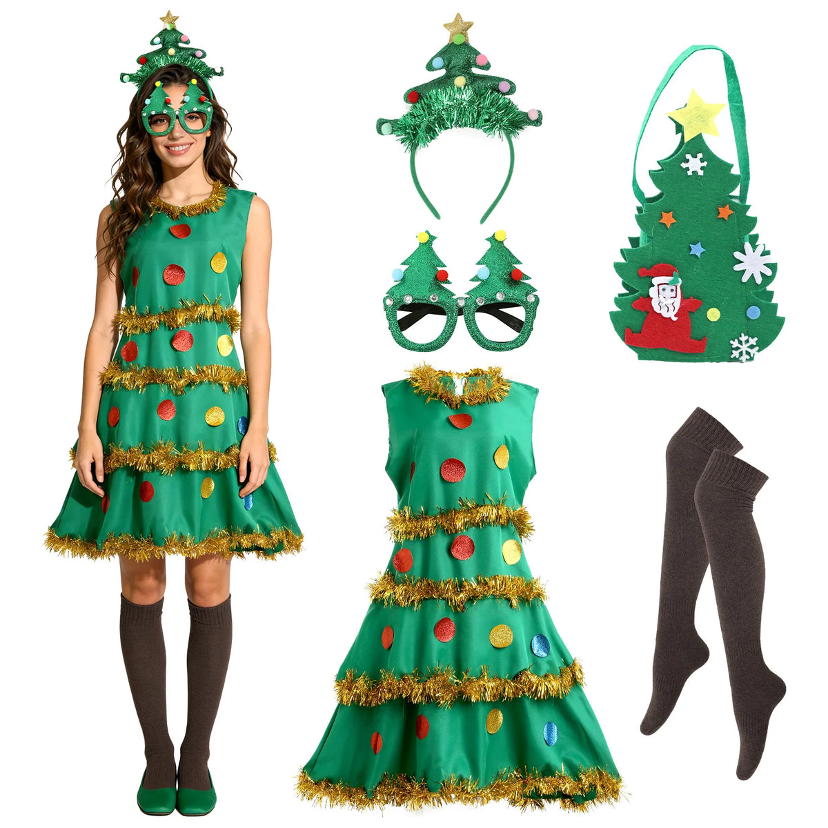 A woman wears the green Christmas tree costume dress beside the included headband, glasses, bag, and socks.