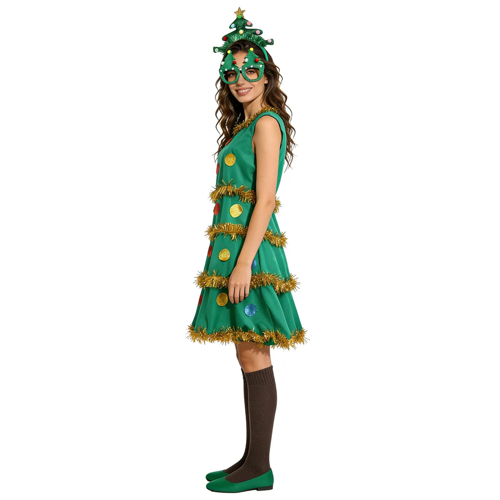 The side view shows the sleeveless green dress with gold tinsel rows and colorful circular decorations.