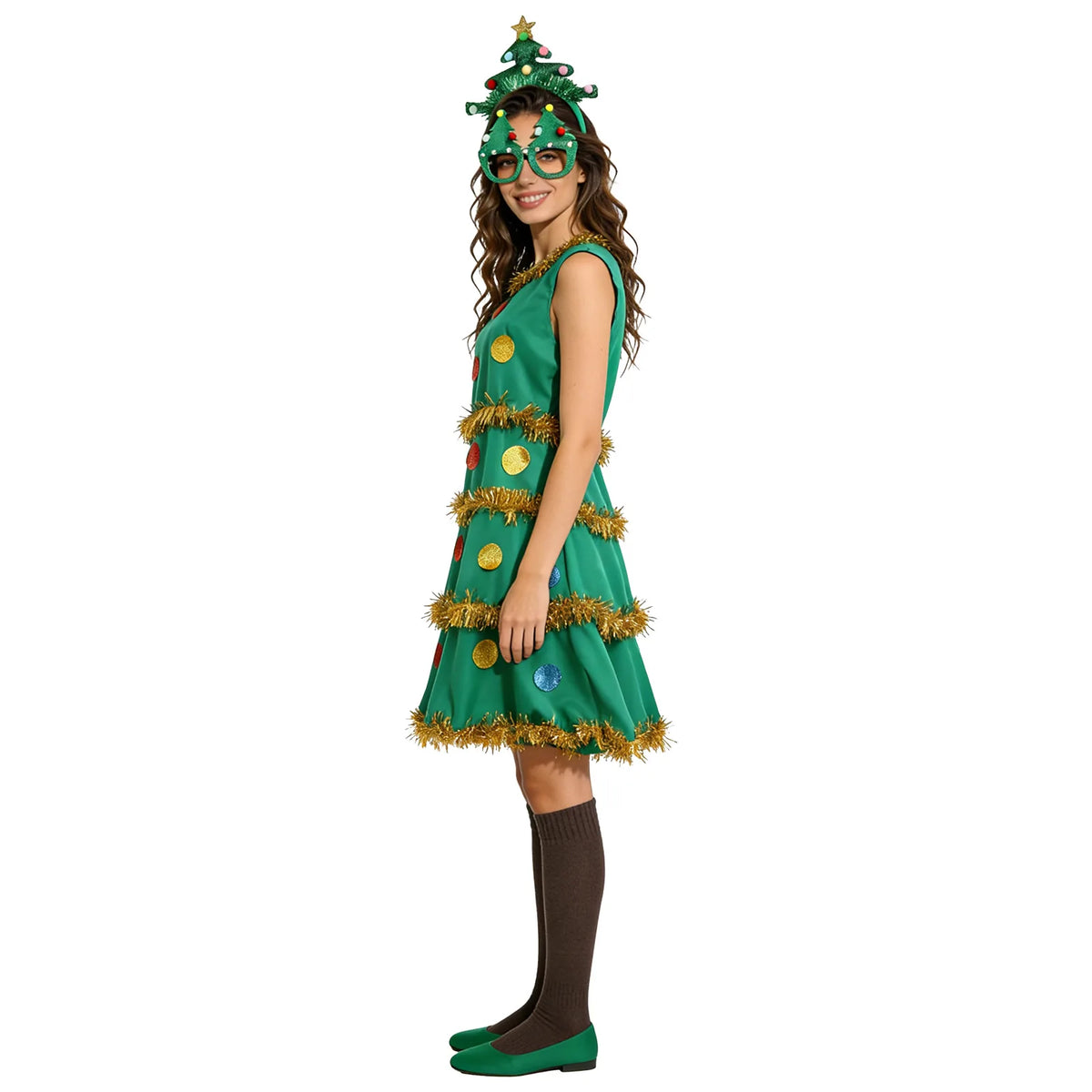 The side view shows the sleeveless green dress with gold tinsel rows and colorful circular decorations.