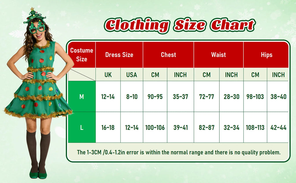 The Christmas tree costume dress chart lists M and L body measurement ranges in centimeters and inches.