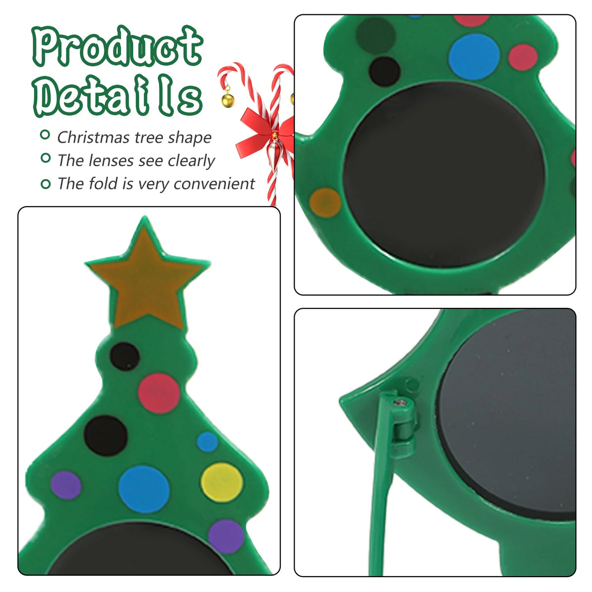Printed detail graphic shows the tree shapes, dark lenses and folding hinges.