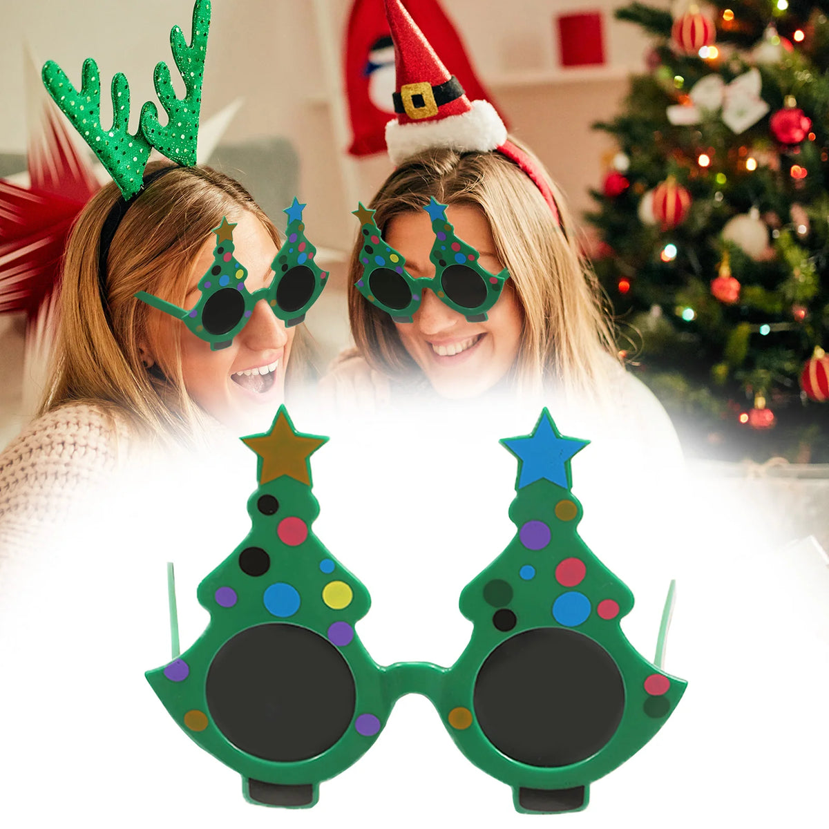 Front product view and models wearing green Christmas tree novelty glasses.