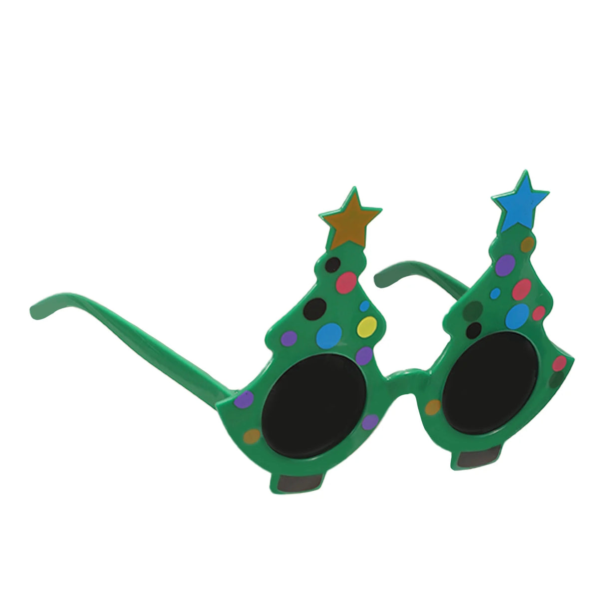Opposite angled view of the green tree glasses with colorful circular accents.