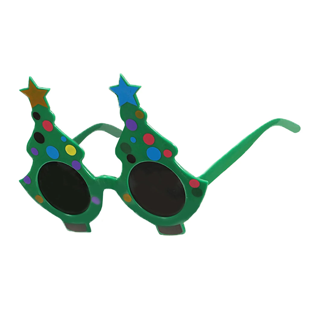 Angled view of green Christmas tree glasses with multicolor dots and stars.
