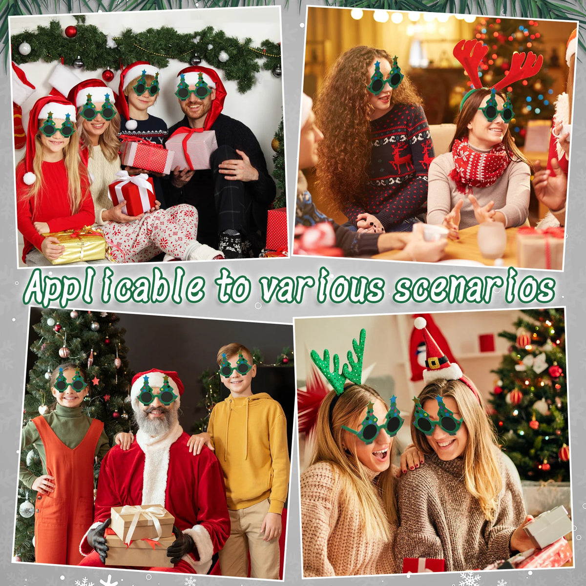 Holiday scene collage shows models wearing green Christmas tree glasses.