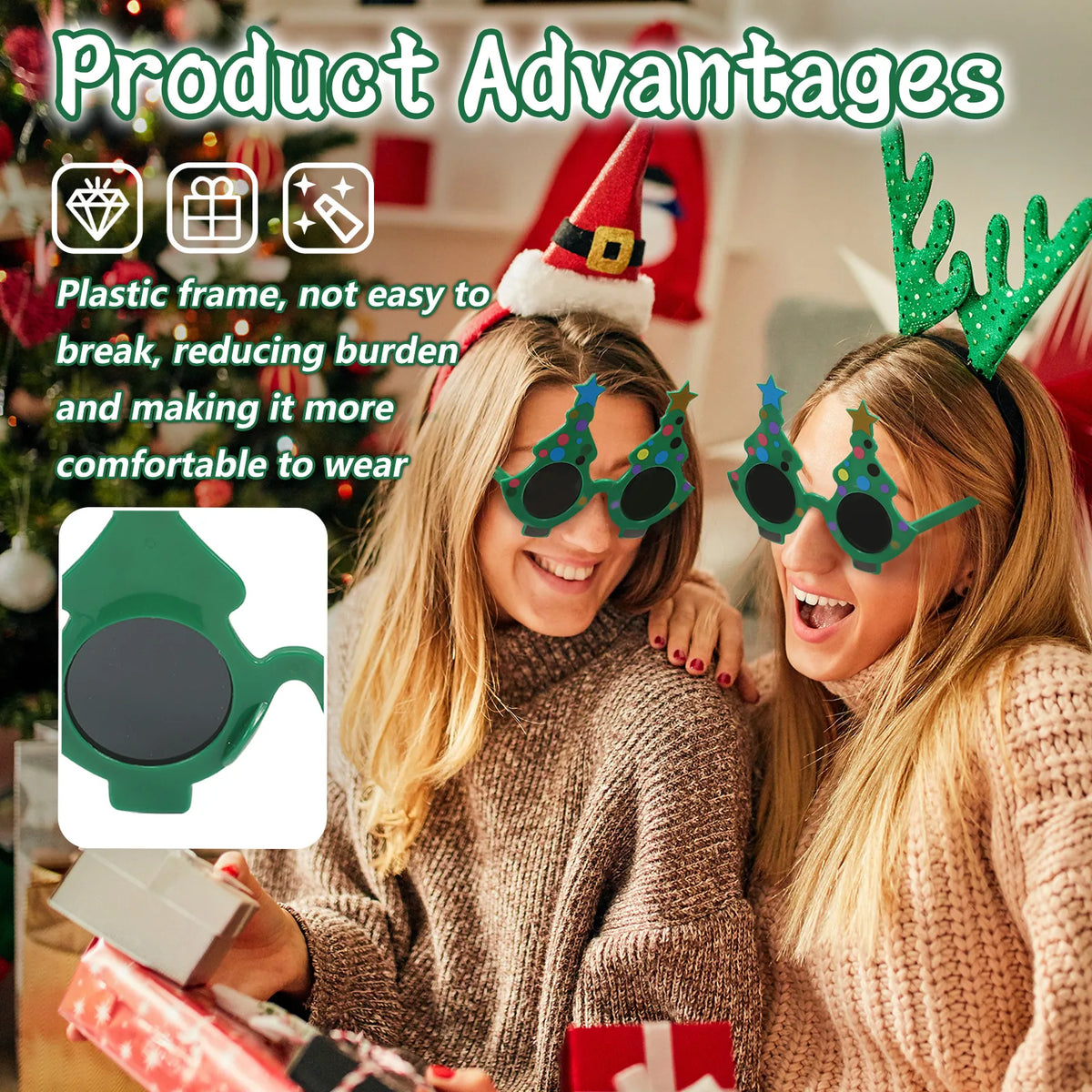 Printed material graphic identifies the plastic frame on dotted Christmas tree glasses.