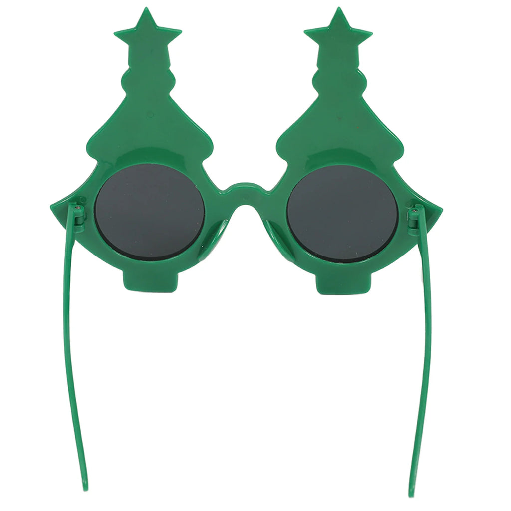 Rear view shows dark lenses and hinged arms on the tree glasses.