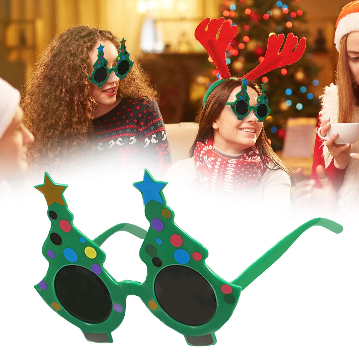 People at a holiday party wear green Christmas tree glasses with colored dots.