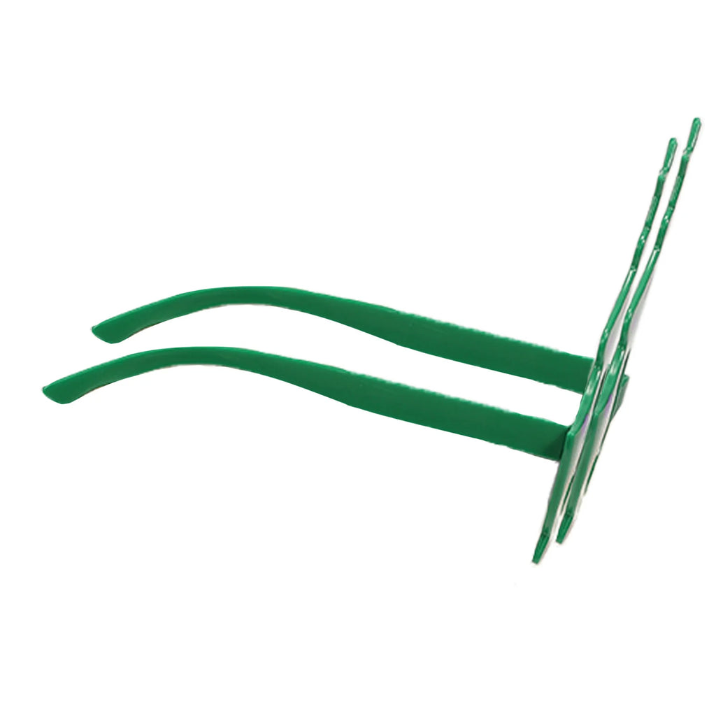 Side view shows the two green temple arms on the tree glasses.