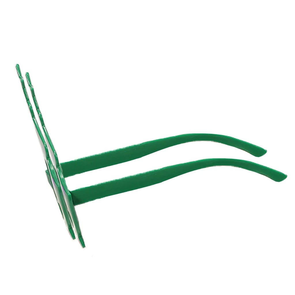 Opposite side view shows the green temple arms of the tree glasses.